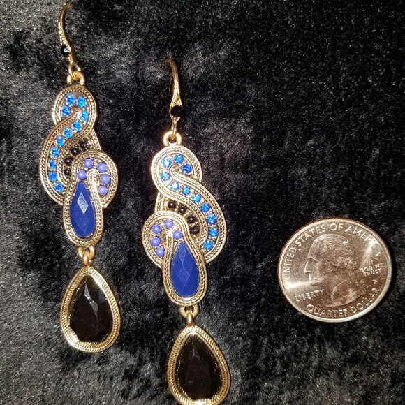 Blue, Black and Gold dangle earrings - Picture 2 of 5